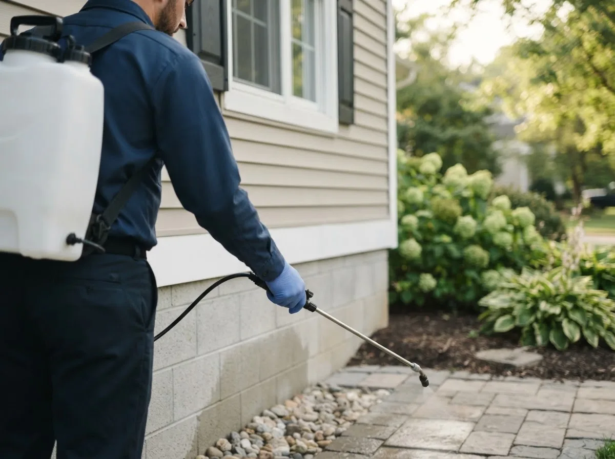 Pest control technician inspecting a home in Davidson, OK